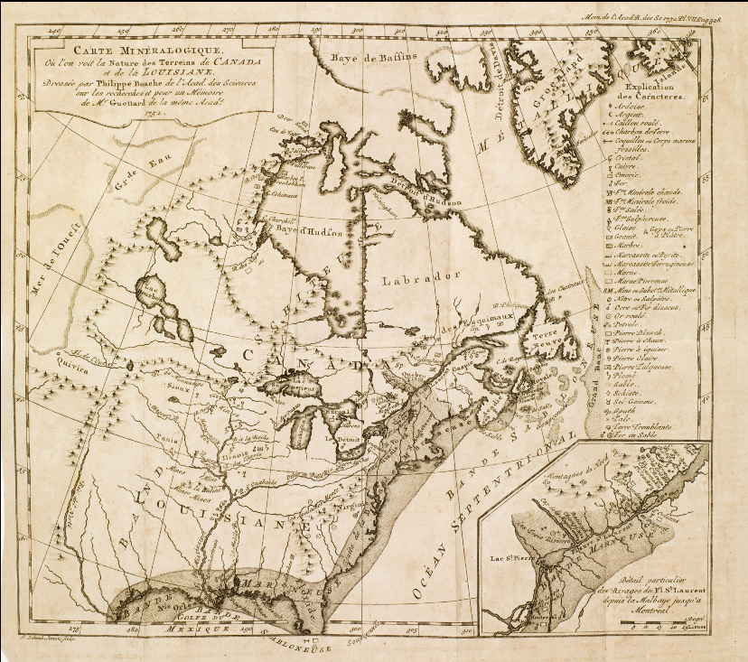 Carte minéralogique où l'on voit la nature des terrains du Canada et de la Louisiane  P. Buache. 1752