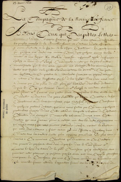Concession accordée par la Compagnie de la Nouvelle-France aux Sauvages 1651