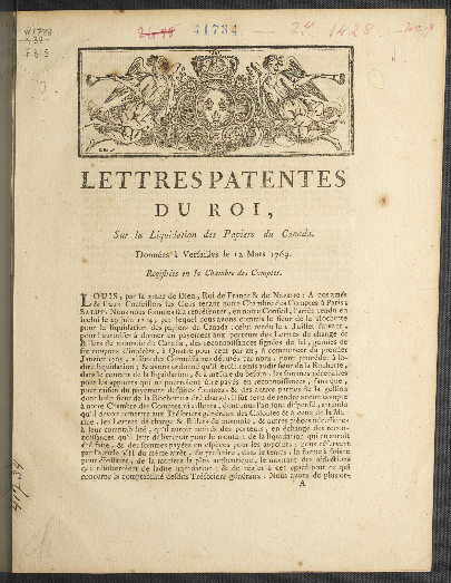 Lettres patentes du roi, sur la liquidation des papiers du Canada, données à Versailles le 12 mars 1769