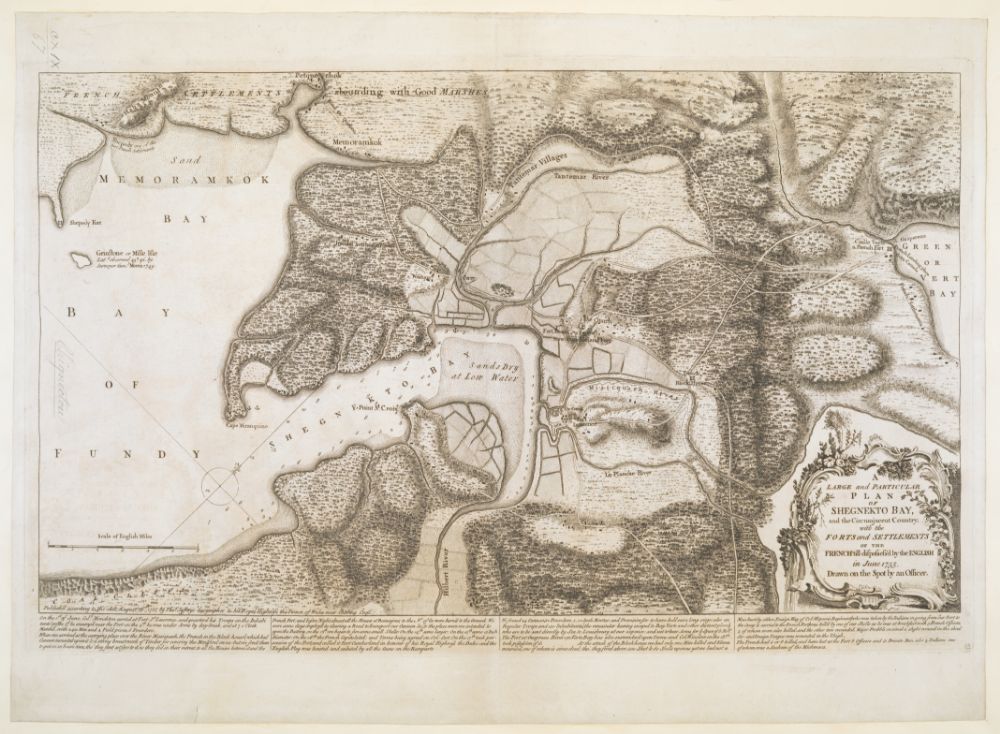 A large and particular plan of Shegnekto Bay, and the Circumjacent Country, with the Forts and Settlements of the FrenchT. Jefferys. 1755