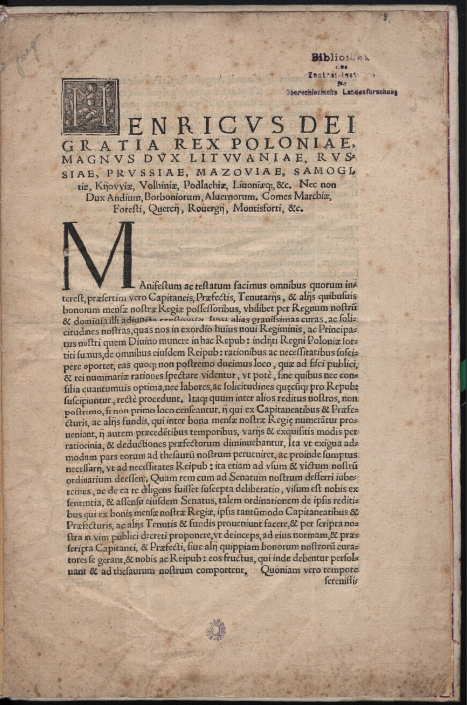 Edictum de bonis mensae regiae datum Cracoviae  12 Mai 1574