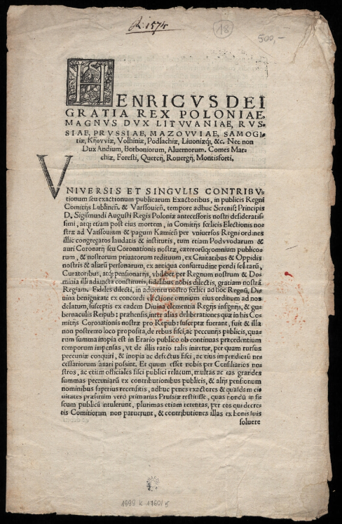 Vniversis et singvlis contribvtionum seu exactionum publicarum exactoribus  Datum Cracouiae die xij Maij Anno Domini M.D.LXXIIII. 1574