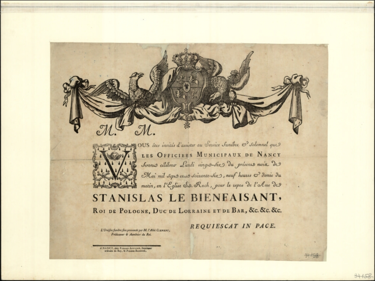 M.M. Vous êtes invités dàssister au Service funébre [...] Stanislas Leszczynski  1766