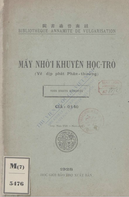 Mấy nhời khuyên học trò : Về dịp phát phần thưởng  Brieux, Eugéne, Stahl, Nam Thị, V. Đ. An, T. T. Nguyễn. 1928
