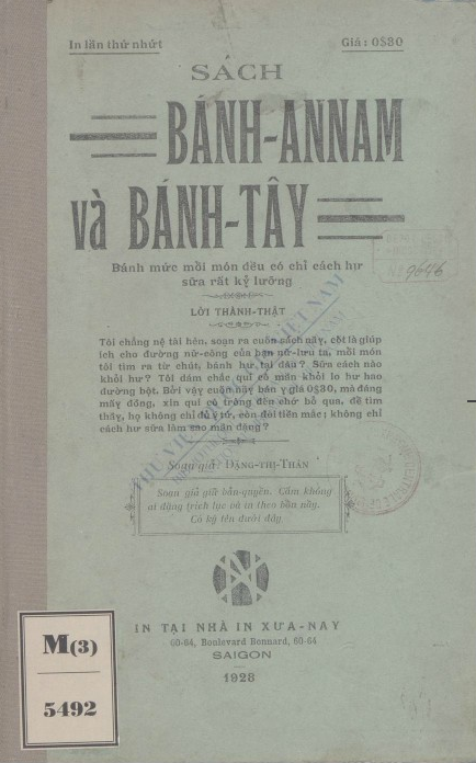 Sách bánh Annam và bánh Tây  T. T. Đặng. 1928