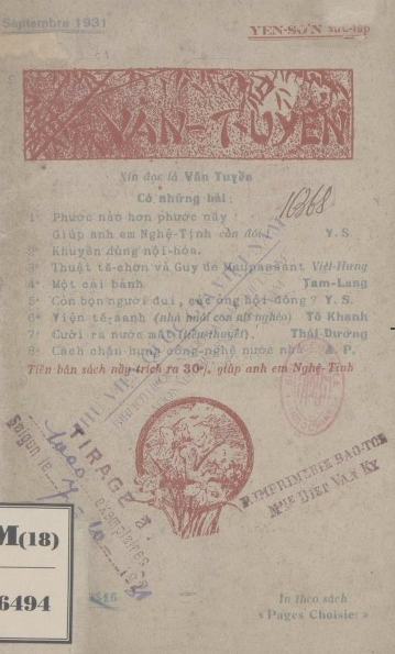 Văn tuyển  Yên Sơn, Tam Lang, Tô Khanh, Thái Dương, A.P. 1931