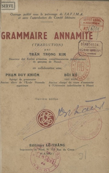Grammaire annamite  T. K. Trần, D. K. Phạm, K. Bùi. 1940