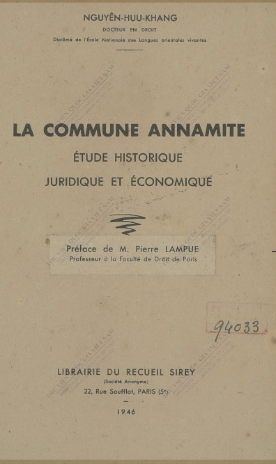 La Commune annamite : Etude historique, juridique et économique  H. K. Nguyen. 1946
