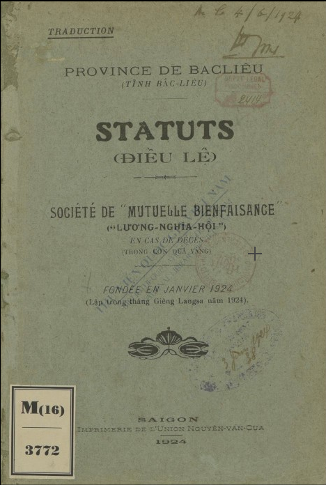 Statuts - Điều lệ  Hội tương tế tỉnh Bạc Liêu. 1924