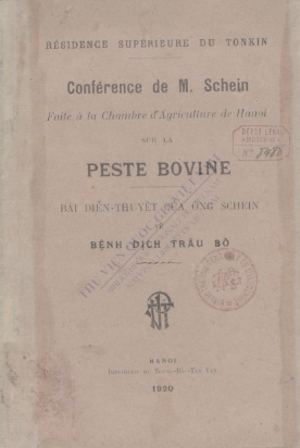 Conférence de M. Schein, faite à la Chambre d'Agriculture de Hanoi sur la peste bovine  1920