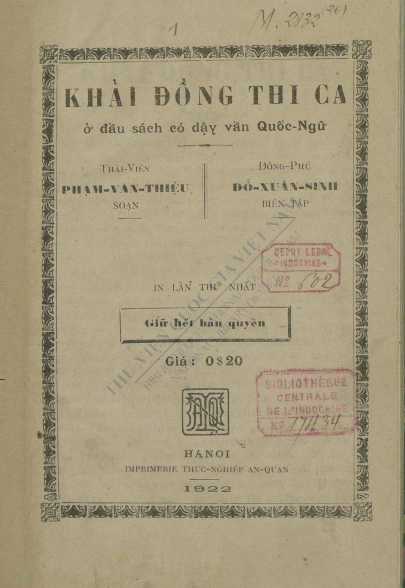 Khải Đồng thi ca  Phạm Văn Thiệu. 1922