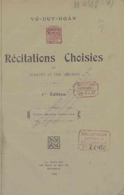 Récitations choisies et traduites vers Annamites  Vu Duy Hoan. 1925